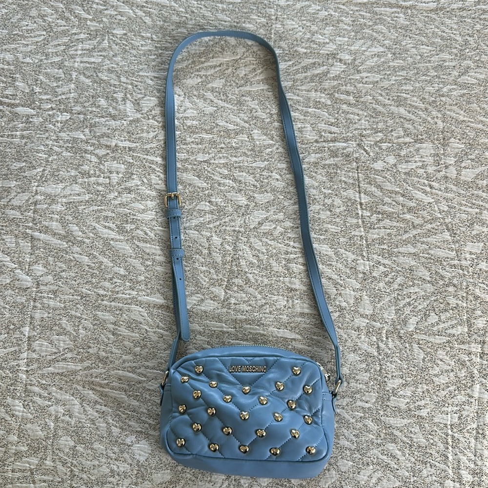 Love Moschino baby blue Gold Hearts Studded Crossbody Handbag. - Picture 3 of 6